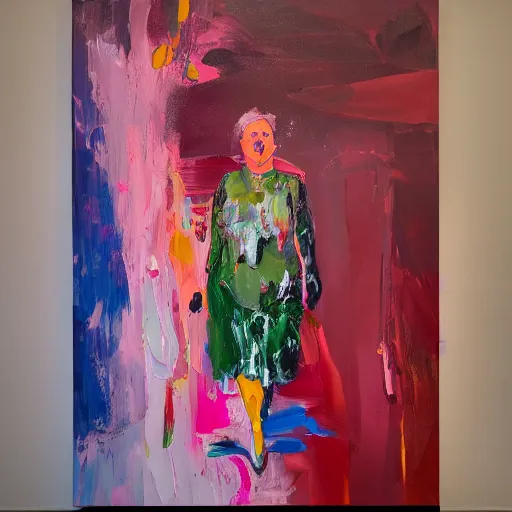 Image similar to _ in _ these _ paintings _ we _ see _ a _ big and tall _ woman _ who _ seem _ to _ be _ walking _ in _ circles in a busy void space, 4 k, in the style of ben quilty, hyper realism, minimal pink palette, medium shot, oil paint with thick brushstrokes of paint, impasto, detailed,