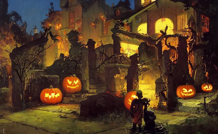 Image similar to halloween scene in a suburban neighborhood, surrounded by ancient monoliths with glowing runes. highly detailed science fiction painting by norman rockwell, frank frazetta, and syd mead. rich colors, high contrast, gloomy atmosphere, dark background. trending on artstation