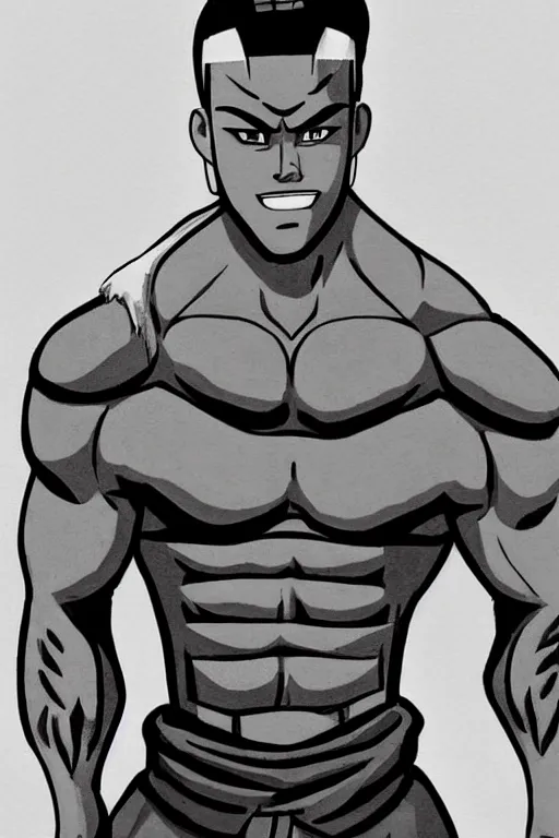 Image similar to Sokka of the Water Tribe, jacked body builder gigachad, greyscale 🎨🖌️