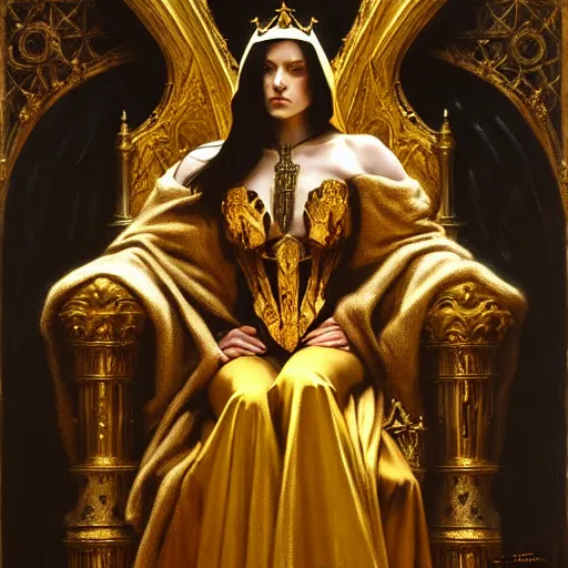 Prompt: full body portrait of hooded queen in gold gothic robes sitting on a throne of bones, elegant, highly detailed painting by gaston bussiere, craig mullins, j. c. leyendecker, 8 k, mid shot