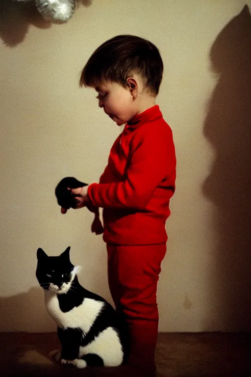 Image similar to retro photo of a child with a cat's face in cute clothes on the background of a christmas tree with new year's toys, ussr, sovet ; kodak ektar, 2 0 0 iso, 3 5 mm lens, bill henson style beautiful chiaroscuro lighting, beautiful colour palette, beautiful and realistic, wide shot