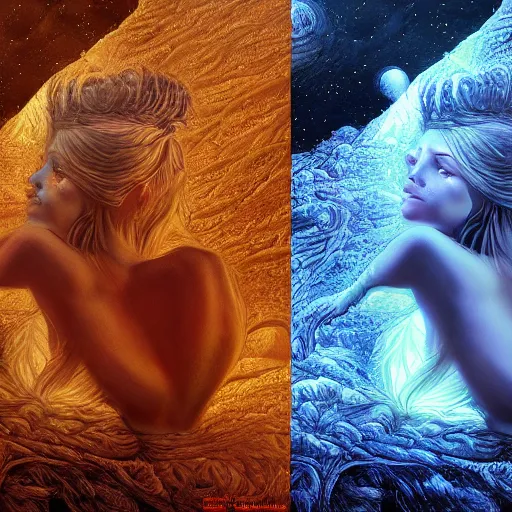 Image similar to photorealistic lunar goddess in the style of michael whelan and gustave dore. hyperdetailed photorealism, 1 0 8 megapixels, fully clothed, lunar themed attire, amazing depth, glowing rich colors, powerful imagery, psychedelic overtones, 3 d finalrender, 3 d shading, cinematic lighting, artstation concept art