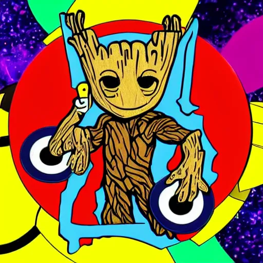 Image similar to svg sticker of a Pop-Wonder Groot-Marvel-Avenger at a rave, spinning records, giant headphones rocking out, wearing headphones, huge speakers, dancing, rave, DJ, spinning records, digital art, amazing composition, rule-of-thirds, award-winning, trending on artstation, featured on deviantart