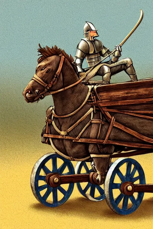 Image similar to a ( ( ( ( ( ( ( ( knight ) ) ) ) ) ) ) ) riding a wagon!!!!!!!!!!!!!! by chris mcgrath and greg rutowski, muted colors, detailed