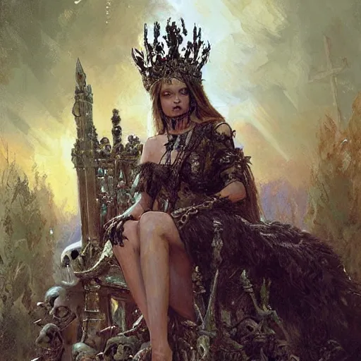 Image similar to beautiful painting of the queen of bones by a cemetary, sitting on a throne, detailed face, with a crown of skulls, skull earings, painting by gaston bussiere, craig mullins