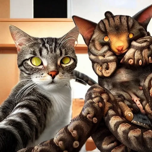 Image similar to octopus and cats taking a selfie together, photorealistic