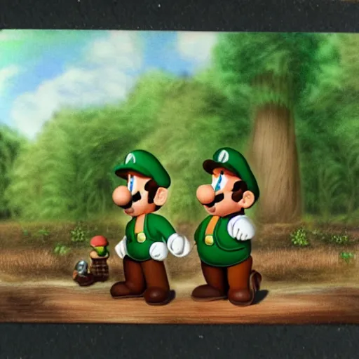 Image similar to mario and luigi eating mushrooms in the forest in a photorealistic style, photo captured on polaroid