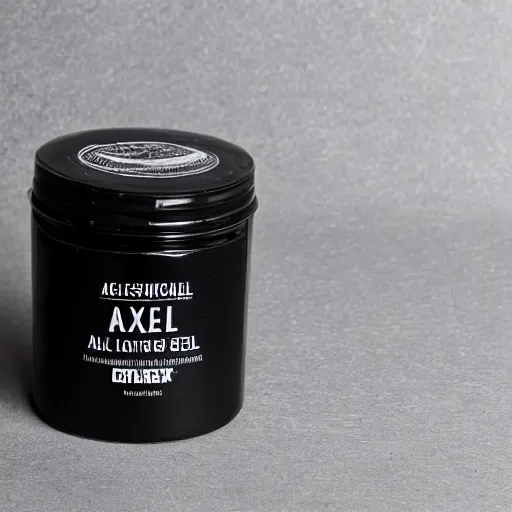 Image similar to a professional photo of a new container for Axle Grease Hair Gel, dramatic cinematic studio lighting