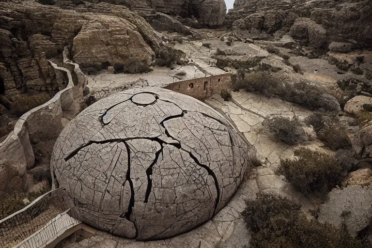 Image similar to photograph by michal karcz of a gigantic paleolothic sphere made of stone with highly detailed carvings by moebius of intricate shamanic robotic electronics and circuits, in a mediterranean lanscape, inside a valley overlooking the sea, mediterranean island scenery, mediterranean vista