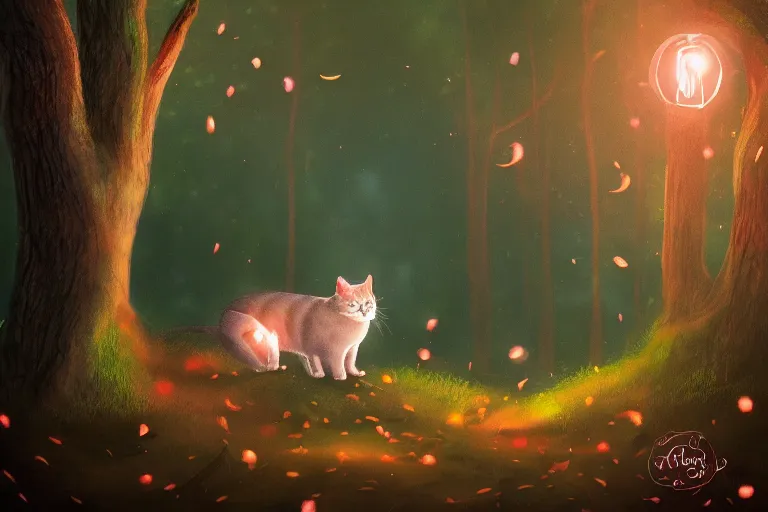 Prompt: a cat in a forest at night with fireflies, trending on artstation, night lighting, fanart, bokeh, dreamy