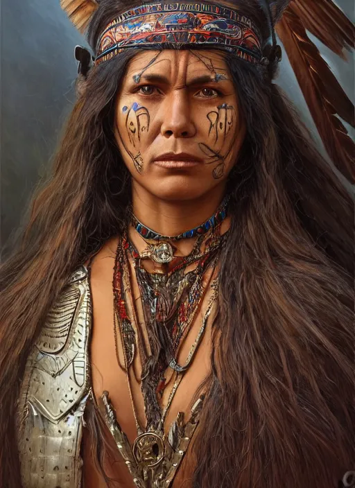 Image similar to portrait of a comanche warrior woman, intricate, highly detailed, centered, digital painting, artstation, concept art, smooth, sharp focus, illustration, artgerm, donato giancola, Joseph Christian Leyendecker, Les Edwards, Ed Repka, WLOP, Artgerm