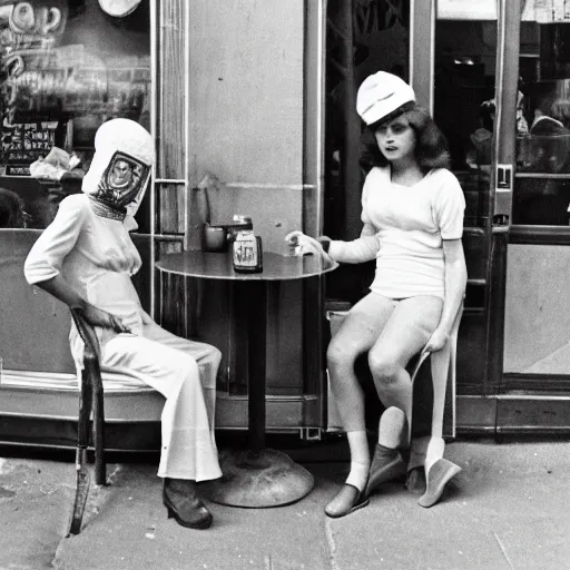 Image similar to professional archival photo of a woman and her friend, a puppet that looks like an enormous baguette, in a sidewalk cafe in paris, wearing berets, 16mm film soft color, earth tones and some color accents 1976, vacation photo, expired film, in style of doris wishman russ meyer, woman looks like sofia loren