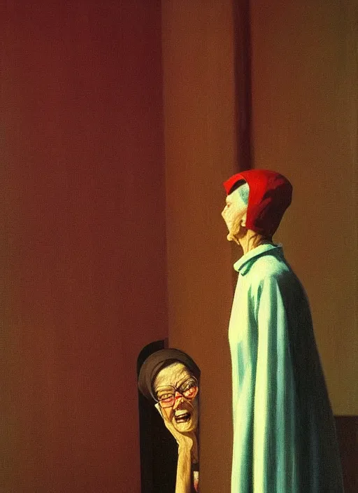 Image similar to old woman with a cane with hysterical facial expression at the art deco hospital painting by Edward Hopper and James Gilleard, Zdzislaw Beksinski highly detailed