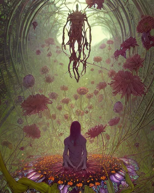 Prompt: the platonic ideal of flowers, rotting, insects and praying of cletus kasady carnage davinci dementor chtulu mandala ponyo alice in wonderland dinotopia watership down, fantasy, ego death, decay, dmt, psilocybin, concept art by greg rutkowski and simon stalenhag and alphonse mucha