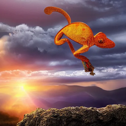 Image similar to golden chameleon hanging on a cliff by its tail, trying to catch rain drops, epic sunset skies in the background, very detailed digital art