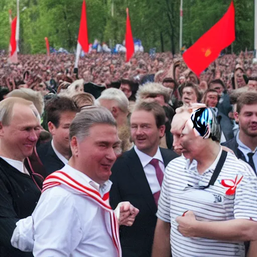 Prompt: lukaszenka and putin on a love parade