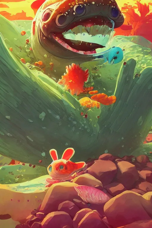 Image similar to 3 d render creature animal sushi cristal very big eye roots cactus elemental flush of force nature micro world fluo fishscale, comics gta 5 cover, official fanart behance hd artstation by jesper ejsing, by rhads, makoto shinkai and lois van baarle, ilya kuvshinov, ossdraws