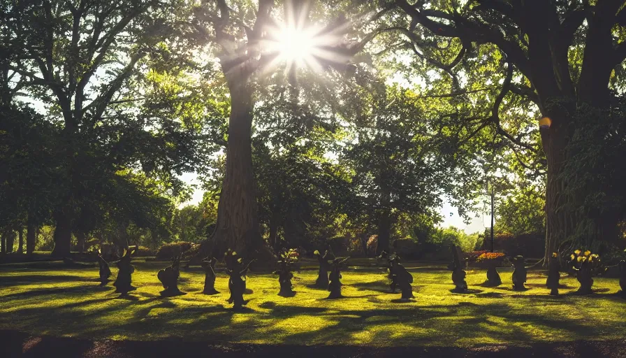 Prompt: A park full of trees and flowers with statue cats forming a circle ,god rays, incredible lighting, 4k photography award winning,