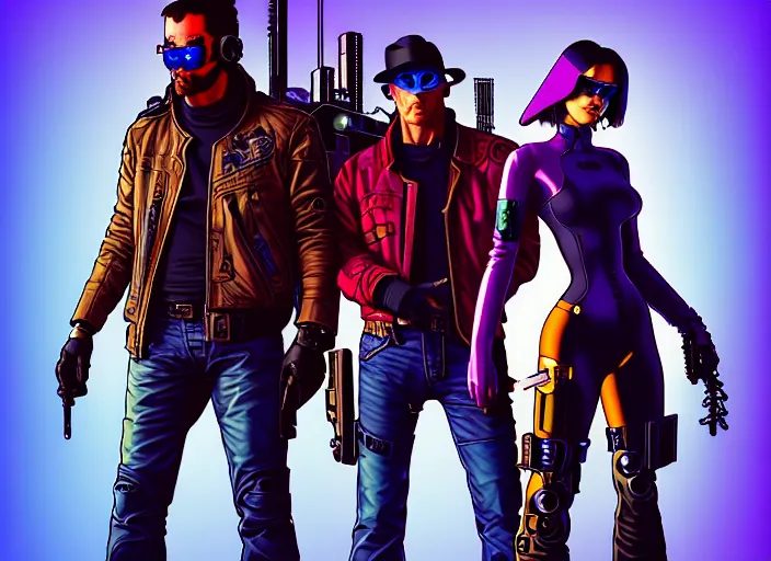 Image similar to cyberpunk gunslingers. portrait by stonehouse and mœbius and will eisner and gil elvgren and pixar. character design. realistic proportions. cyberpunk 2 0 7 7 character art, blade runner 2 0 4 9 concept art. cel shading. attractive face. thick lines. the team. diverse characters. artstationhq.