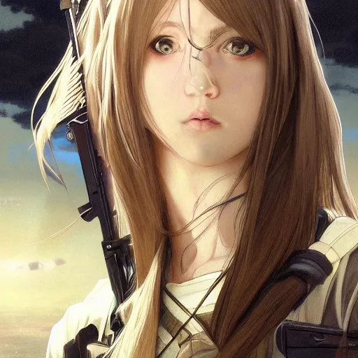 Image similar to soldier girl, war action, anime style, long hair, hair down, symmetrical facial features, girls frontline cg, hyper realistic, pale skin, 4 k, rule of thirds, extreme detail, detailed drawing, trending artstation, hd, storyboard, d & d, by alphonse mucha, greg rutkowski, sharp focus, backlit