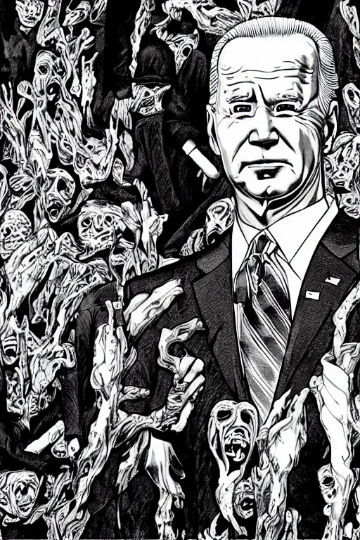 Image similar to Joe Biden full body portrait, body horror, black and white Illustration by Junji Ito