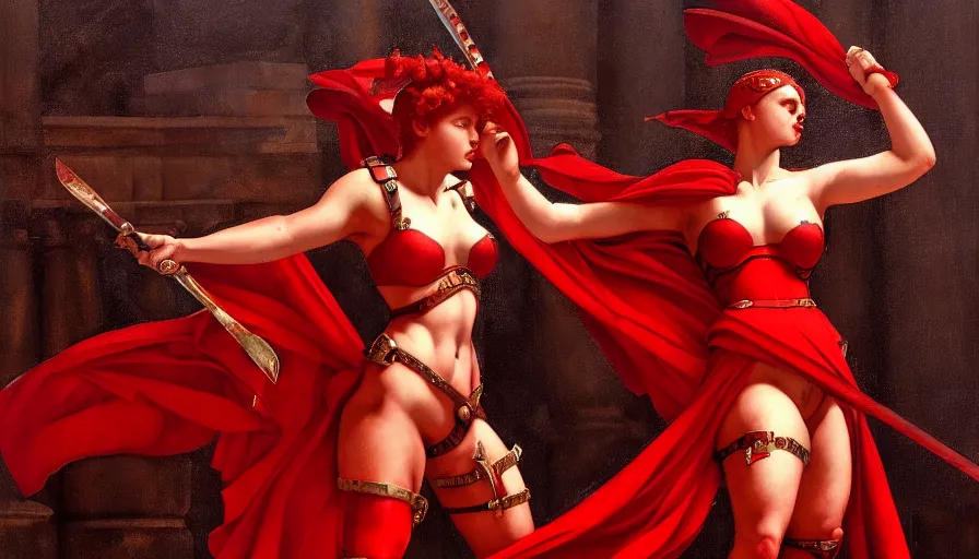 Image similar to only with red, an armored female gladiator in a crowded roman amphitheatre, crowd cheering, in the style of rolf armstrong and ambrosius benson and edward hopper and and rodcenko, intricate and epic composition, red by caravaggio, highly detailed, masterpiece, red light, artstation