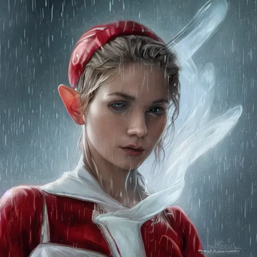 Prompt: elf woman standing in rain, short blonde hair, red and white chef's apron, sharp focus, intricate, smooth, ultra realistic digital art, d & d, high fantasy, pointed ears, elegant, by artgerm, greg rutkowski, raymond swanland, alphonse mucha