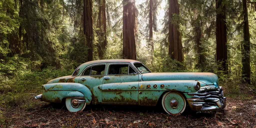 Prompt: Photograph of an abandoned rusty 1950's Buick in an old redwood forest, massive trees, overgrown with vegetation, sun shining through the trees, backlit, crepuscular rays, muted colors, 8k, shallow DoF