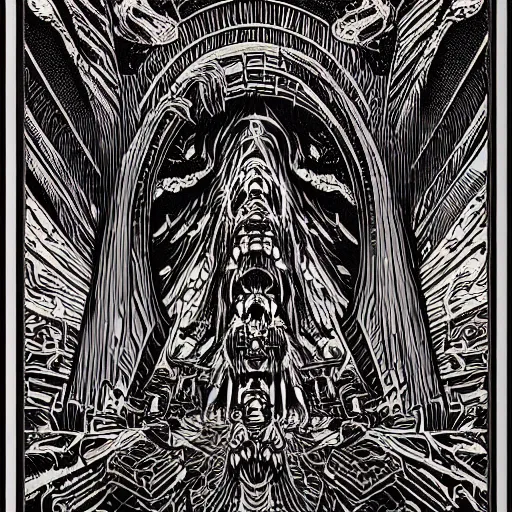 Image similar to woodcut of demonic portal to hell by Dan Mumford and Josan Gonzalez. Stargate. Very detailed intricate linework
