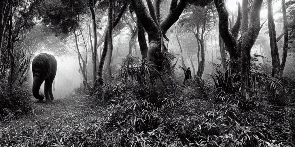 Prompt: a Sebastião Salgado's photograph of a mammoth walking in a dense tropical forest, 4k, award wining