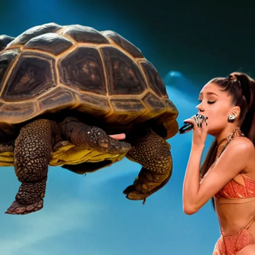 Image similar to ariana grande riding a giant tortoise on concert stage, 8 k resolution, cinematic lighting, anatomically correct