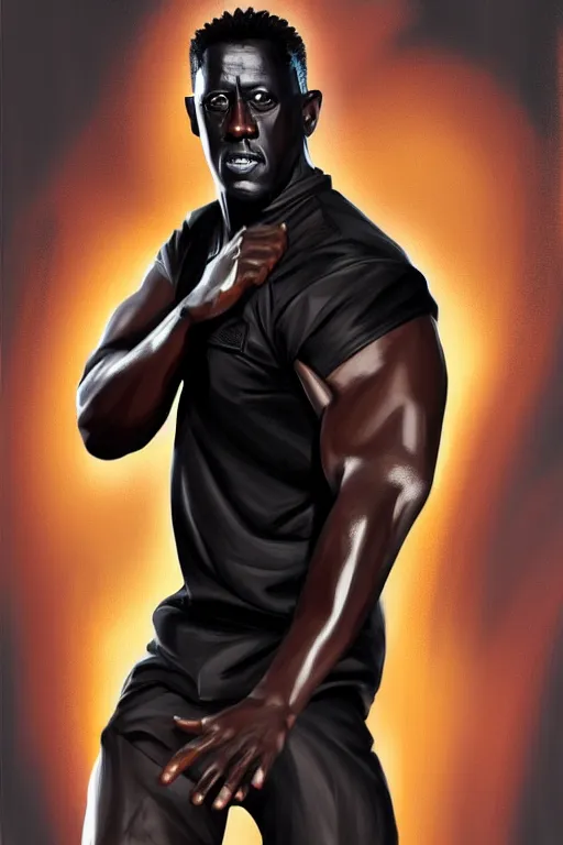 Image similar to full length portrait wesley snipes doing a side kick, digital painting, trending on artstation, concept art, sharp focus, illustration, art by aficionados and leonard and suli beli