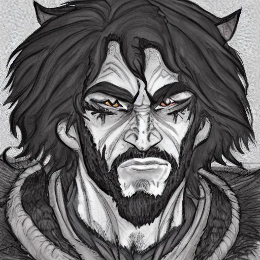 Image similar to Character portrait, face close up: Human Male Barbarian/Druid. Wolf, demon axe, hell. In the style of Ralph Horsley