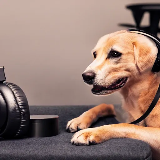 Image similar to a photograph of a dog and a cat wearing headphones in a light room, serene, happy, 8 k resolution, bokeh