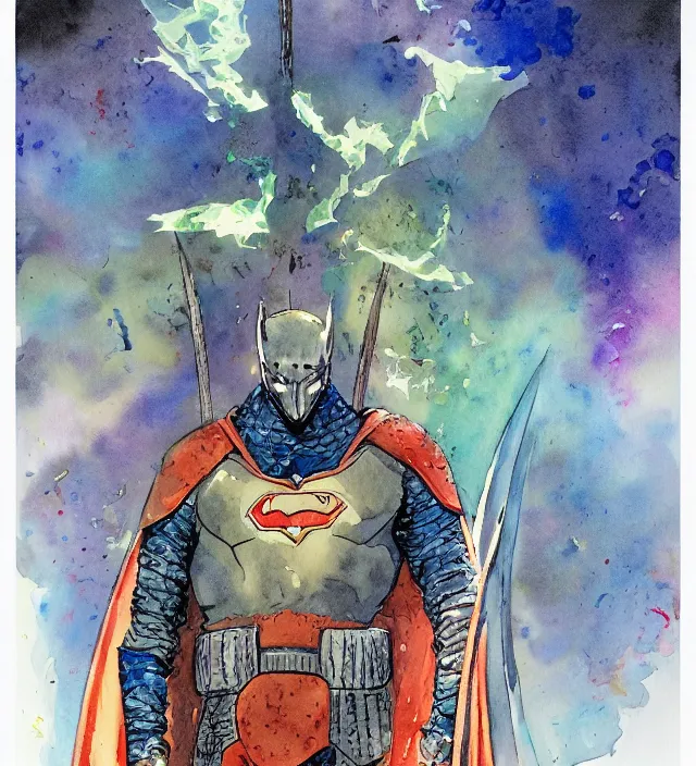 Image similar to a watercolor ink painting of a superhero knight in the style of jean giraud in the style of moebius trending on artstation deviantart pinterest detailed realistic hd 8 k high resolution