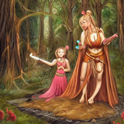 Prompt: sensual girl warrior making a ritual with her daughter in a magical forest, fantasy, highly detailed faces