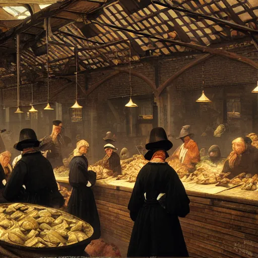 Image similar to Amsterdam Fish Market with huge crowd of Calvinists dress in black in the 17th century. realistic, digital art. Photo realistic, hyperdetailed, HD, Octane Render Substance Designer. Hiroshi Yoshida, James Gurney, Norman Rockwell, Albert Bierstadt, Marc Simonetti, John Harris, Peter Mohrbacher, Ralph McQuarrie.