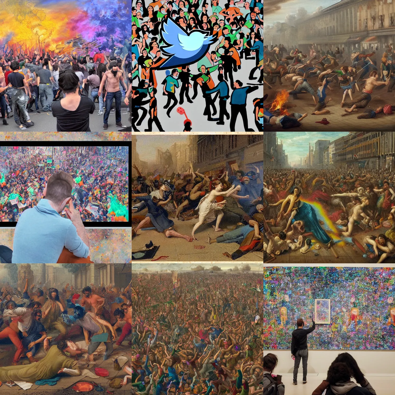 Prompt: photograph of twitter artists outraged and rioting by ai generated art being better than them and making them jobless