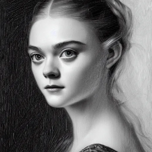 Image similar to professional painting of Elle Fanning in the style of Nikolay Makovsky, head and shoulders portrait, symmetrical facial features, smooth, sharp focus, illustration, intricate, stormy weather, extremely detailed masterpiece,
