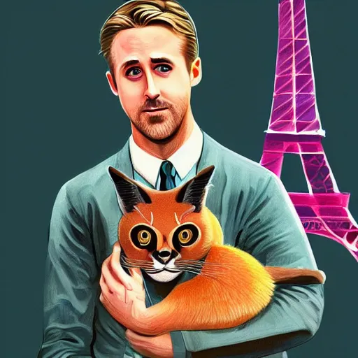 Image similar to Ryan Gosling holds a caracal cat in his hands against the backdrop of the Eiffel Tower, ultra highly detailed, smooth, sharp focus, digital art, digital painting, fan art, elegant, artstation