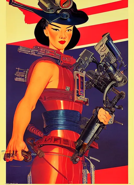 Image similar to american propaganda poster. cyberpunk samurai lady. portrait by jean giraud and anton otto fischer and john philip falter and will eisner and gil elvgren