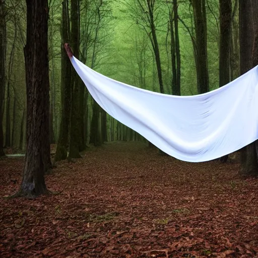 Image similar to a ghost in a sheet in spooky woods