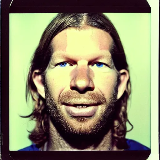 Image similar to Mugshot Portrait of Aphex Twin, taken in the 1970s, photo taken on a 1970s polaroid camera, grainy, real life, hyperrealistic, ultra realistic, realistic, highly detailed, epic, HD quality, 8k resolution, body and headshot, film still, front facing, front view, headshot and bodyshot, detailed face, very detailed face