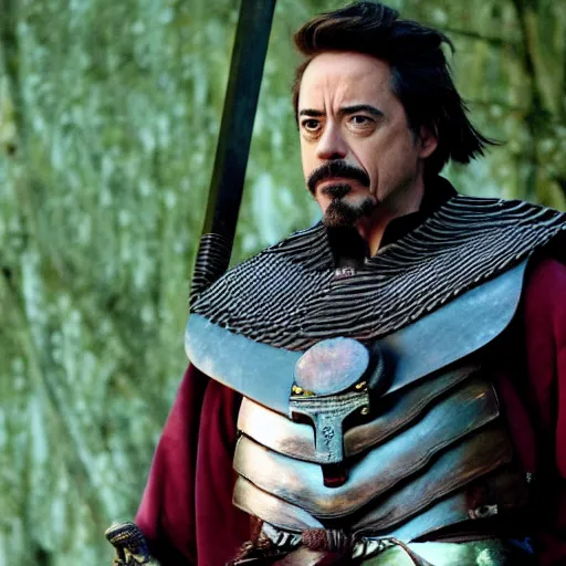 Image similar to Robert John Downey Jr as samurai , an film still