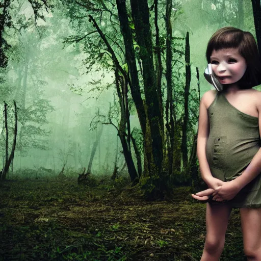 Image similar to thin little girl in a swamp wearing old gas mask. Water to her knees. Bayou. Dark Green forest. Foggy. Fireflies fly around