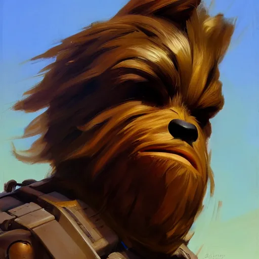 Image similar to greg manchess portrait painting of chewbacca as overwatch character, medium shot, asymmetrical, profile picture, organic painting, sunny day, matte painting, bold shapes, hard edges, street art, trending on artstation, by huang guangjian and gil elvgren and sachin teng