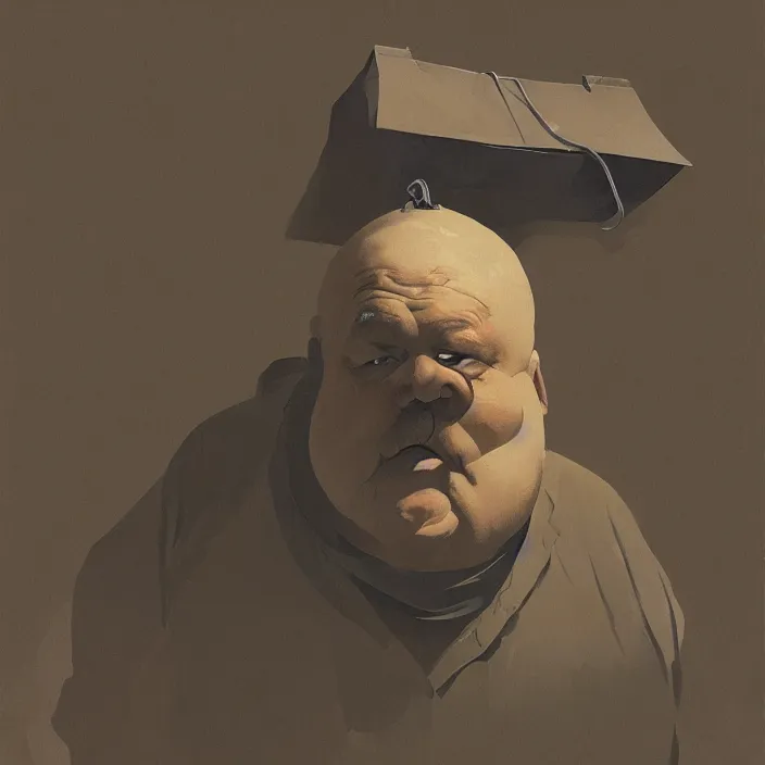 Prompt: old fat man portrait with a paper bag over the head, highly detailed, artstation, art by ian mcque, ilya kuvshinov, zdislav beksinski, wayne barlowe, edward hopper