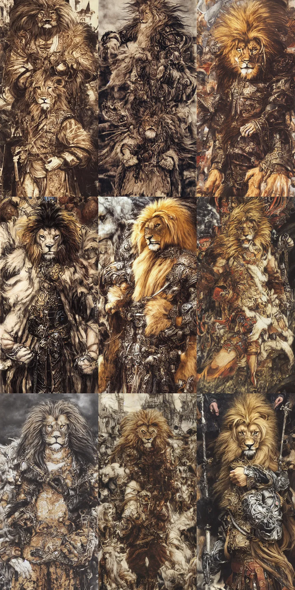 Image similar to 8 k yoshitaka amano painting of upper body of a young cool looking lion beastman with white mane at a medieval market at windy day. depth of field. he is wearing complex fantasy clothing. he has huge paws. renaissance style lighting.