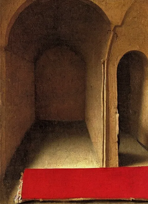 Image similar to red cloth of the floor, medieval painting by jan van eyck, johannes vermeer, florence