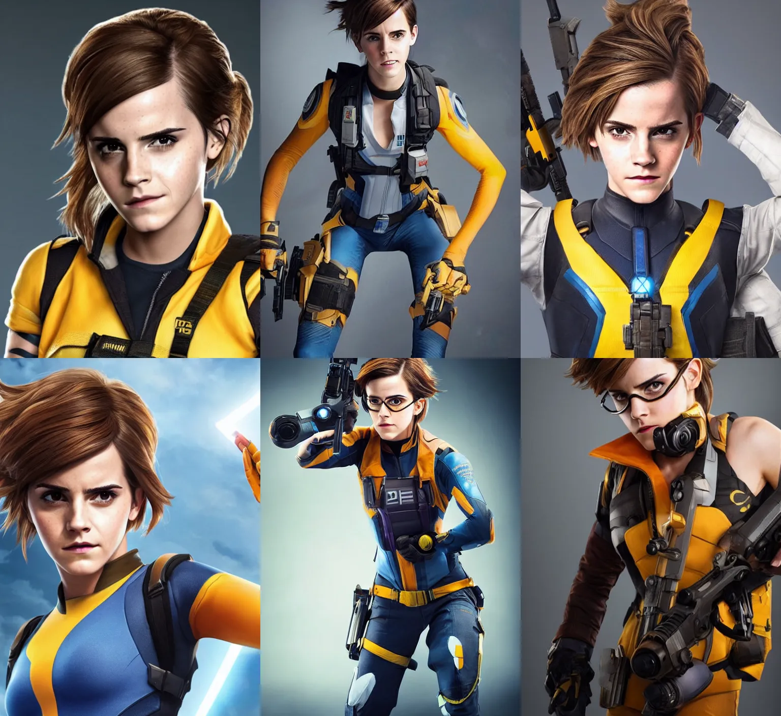 Prompt: emma watson as tracer! from overwatch in an upcoming overwatch live action movie, detailed face, promo shoot, studio lighting